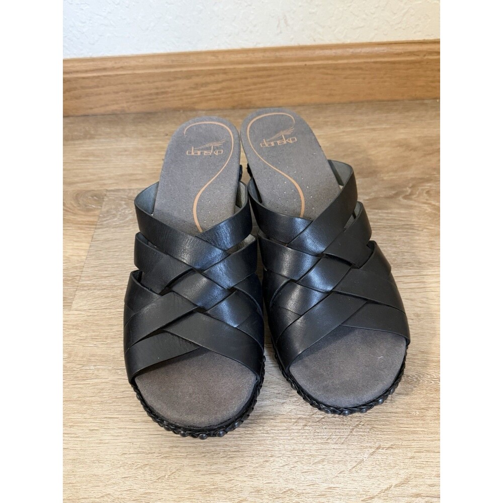 Dansko Tory Wedge Heel Sandals Strappy Woven Black Leather Women’s 41 Comfort - Picture 2 of 4